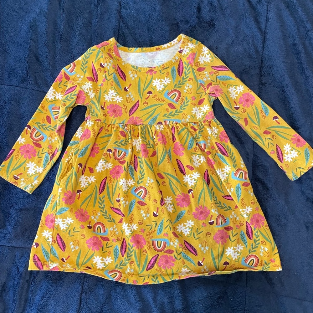 Wonder Nation Pocket Yellow Dress with Leaves and Rainbow Pattern 3T